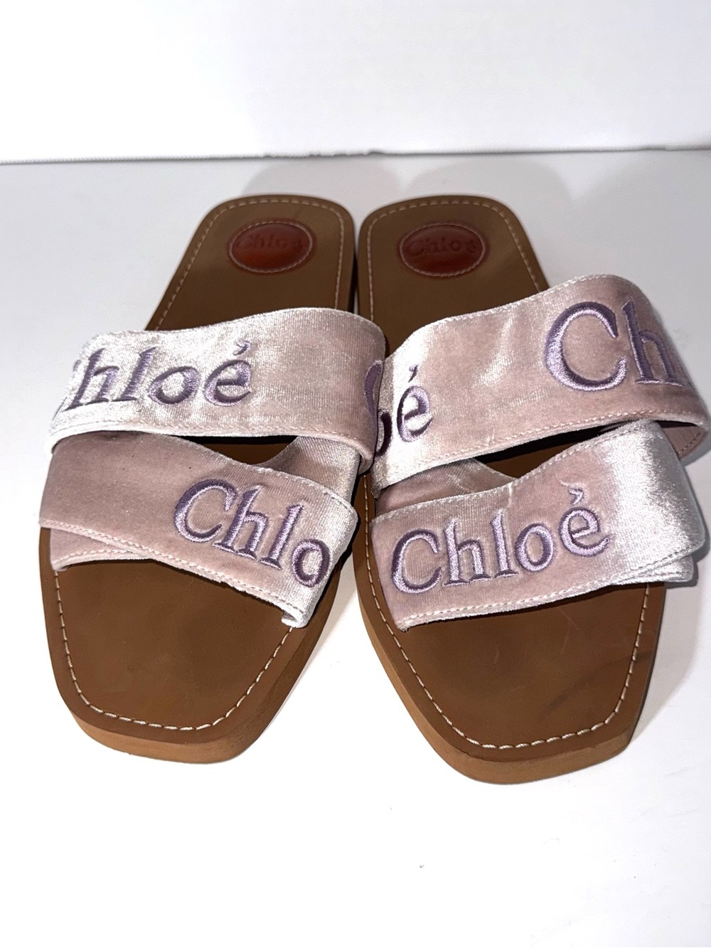 Chloe Woody Logo Velvet Sandals